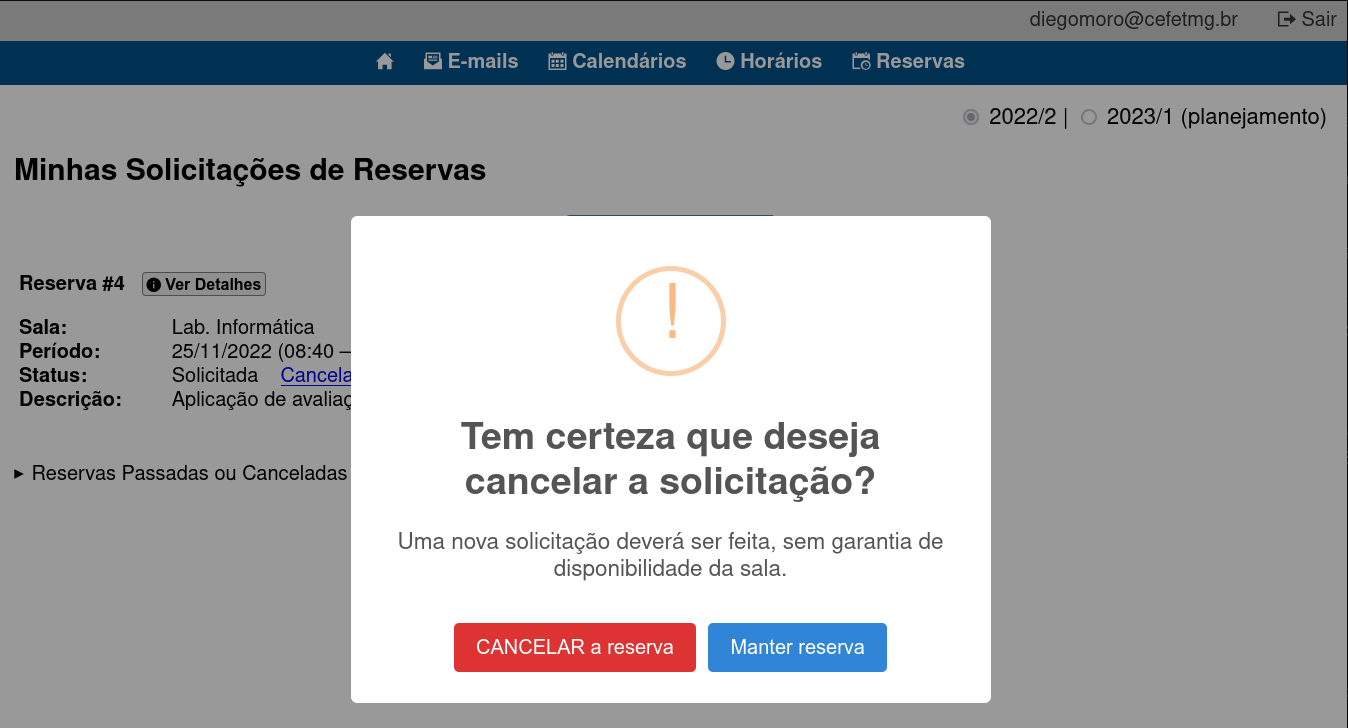 Diálogo para confirmação de cancelamento de reserva